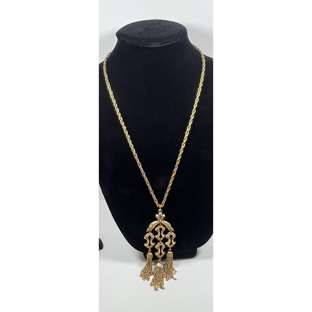 Vintage Gold Tone Large Waterfall 3 Tassel Bold Pendant Costume Necklace 24 in